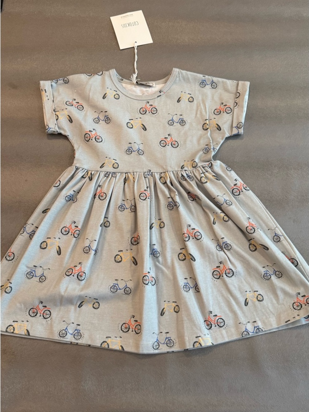Coto Kids  Bicycle Print Dress - Light Gray with Pink & Blue Bikes. Size 3